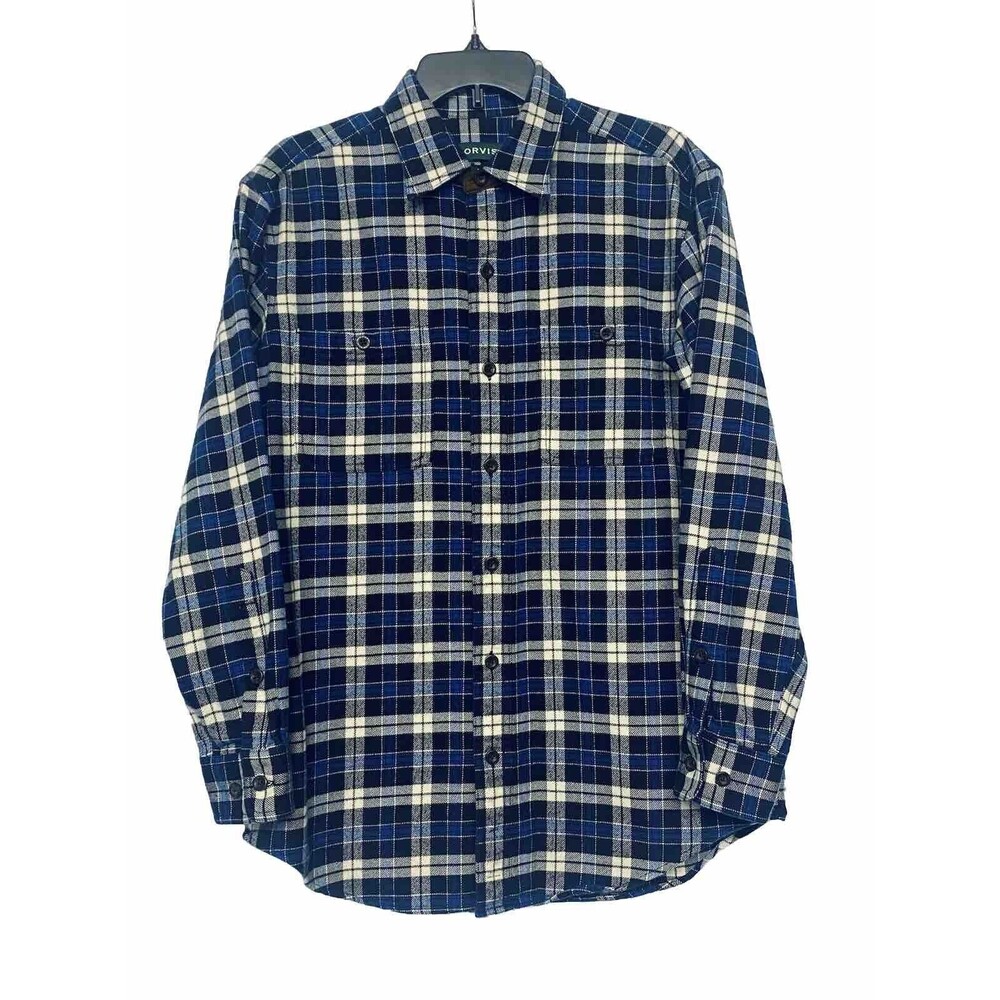Orvis Perfect Flannel Blue / Black / White Plaid Heavy Style Button Up Medium